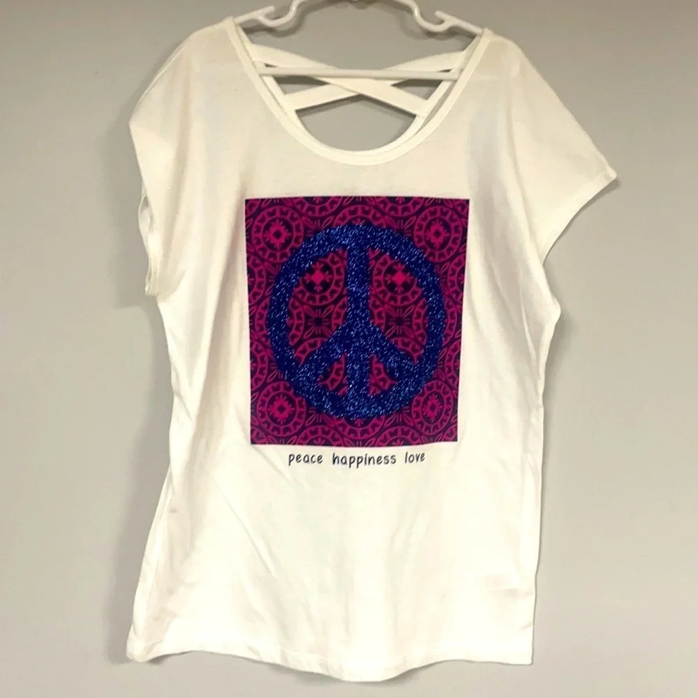 Girl's Large, Justice white graphic Tee, Peace happiness love, NWOT, Glitter